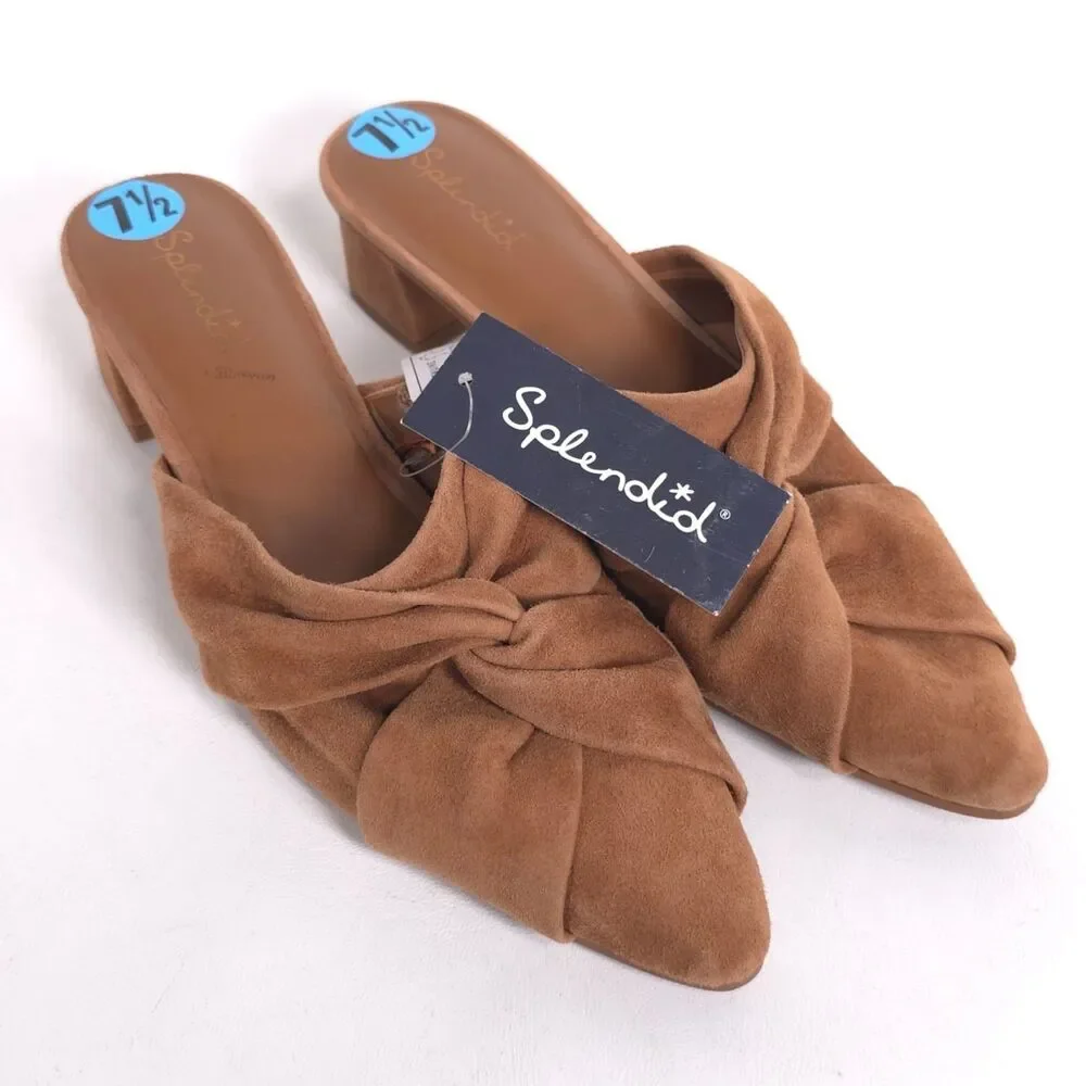 Splendid New Lanis GENUINE SUEDE LEATHER Mules 7.5 M Caramel Knot Heeled Pointed